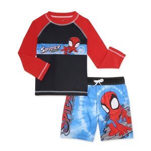 Spidey Red and Black Rash Guard and swim trunks